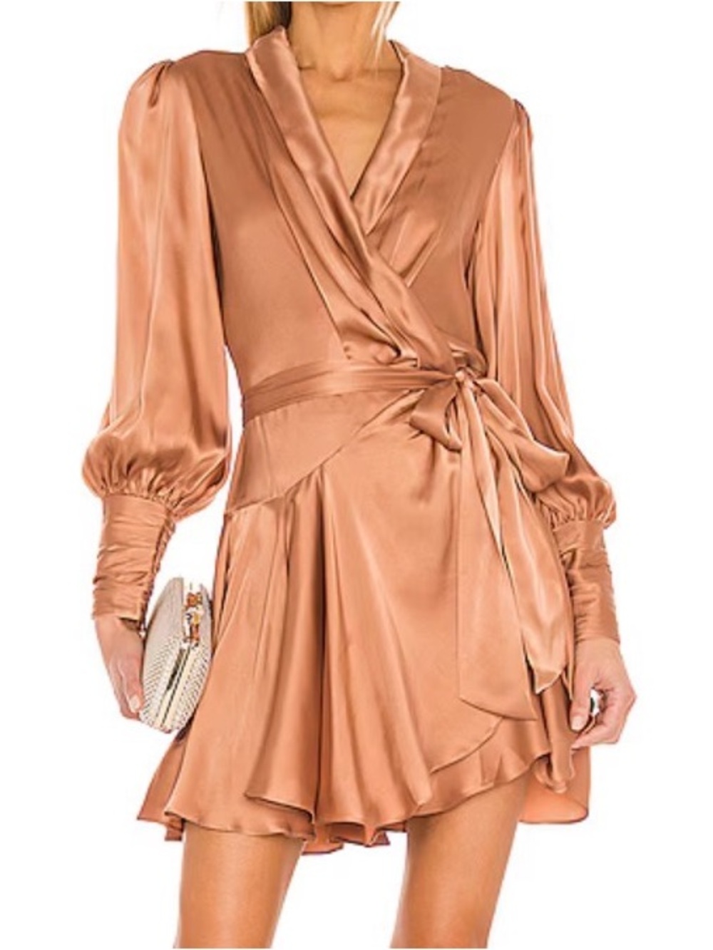 Zimmermann Copper Satin Long-Sleeve Wrap Mini Dress
